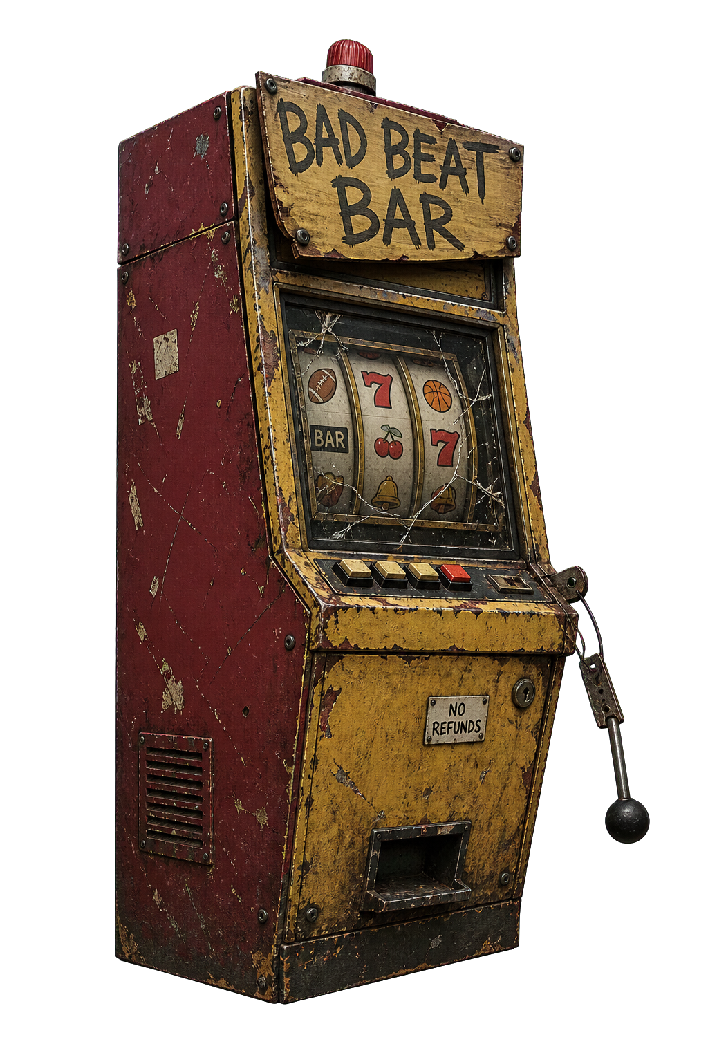 A battered Bad Beat Bar slot machine tucked into the club room